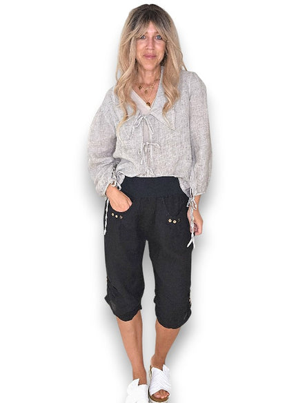 HELGA MAY BLACK PLAIN CAPRI LINEN PANT