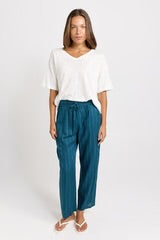 Palm Linen Blend Relax Pants - Teal/White Stripe