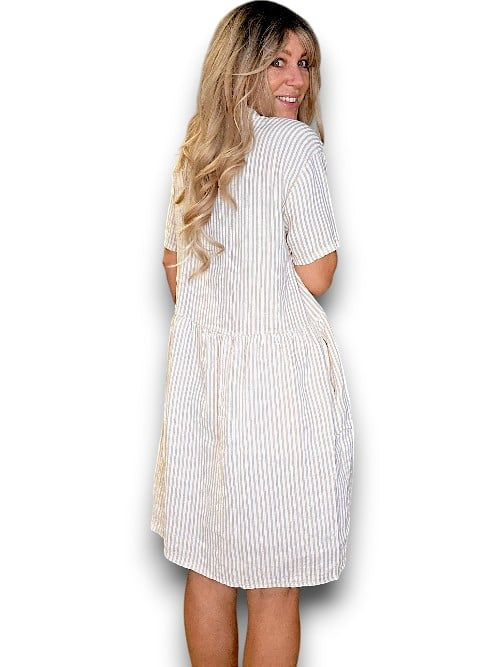 BEIGE STRIPE MIDI COCONUT BUTTON DRESS