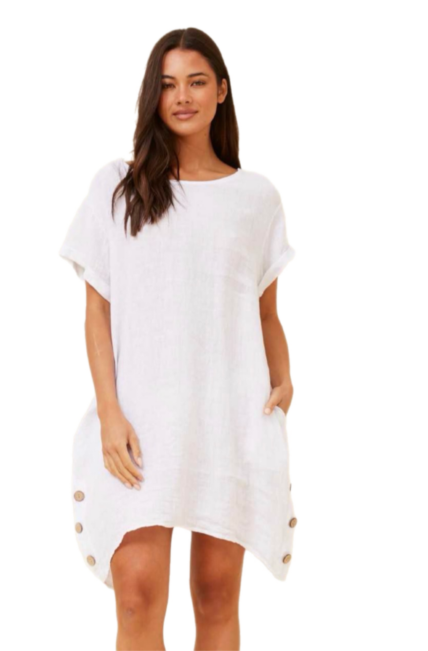 Linen shift Dress with Buttons -White