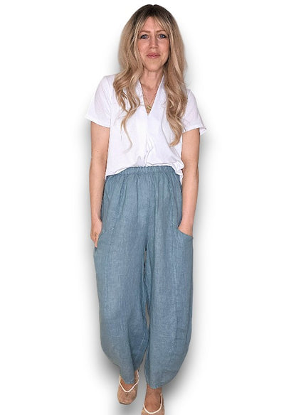 SEAFOAM BARREL LINEN PANTS