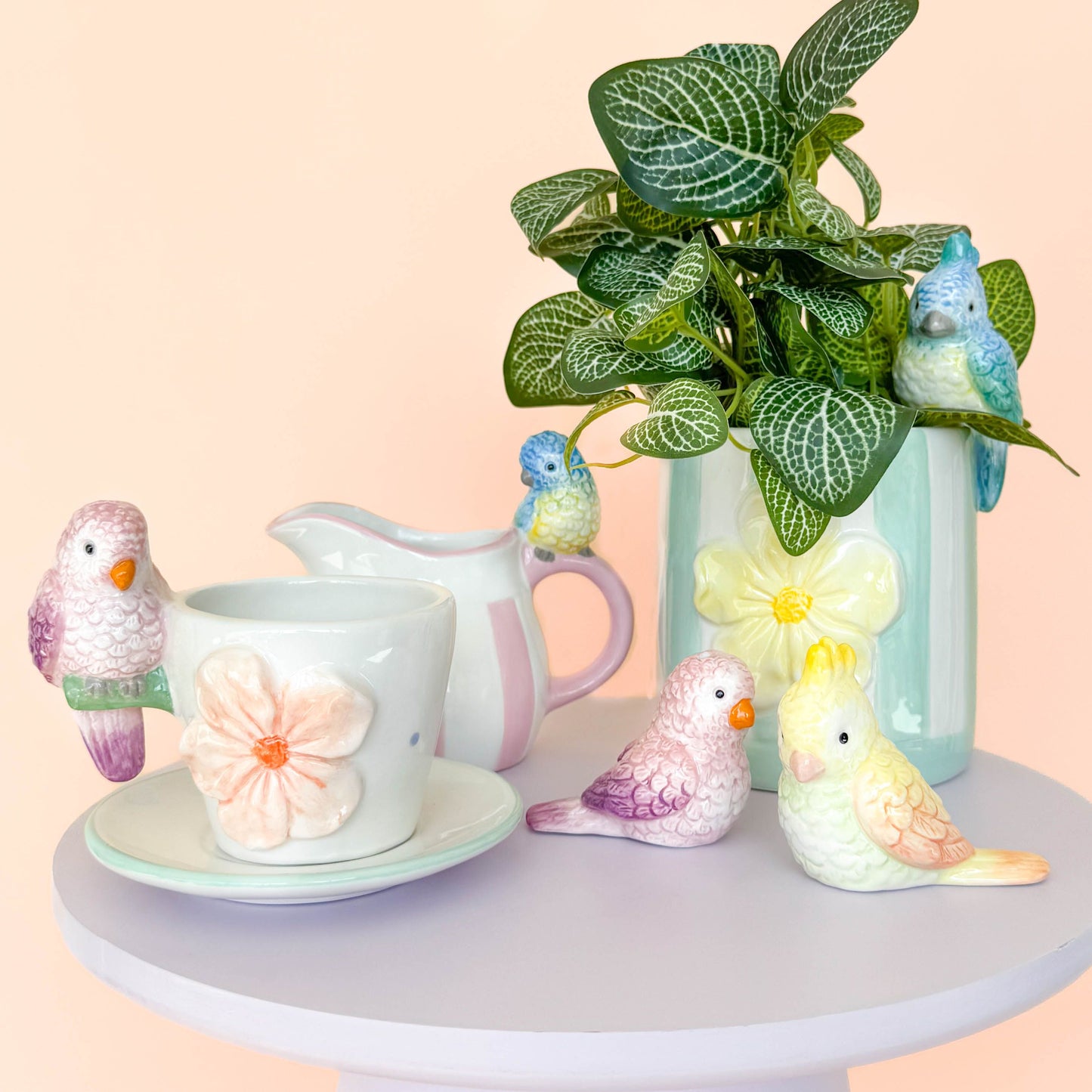 Perdy Parrot Tea Cup & Saucer Pink & Pea