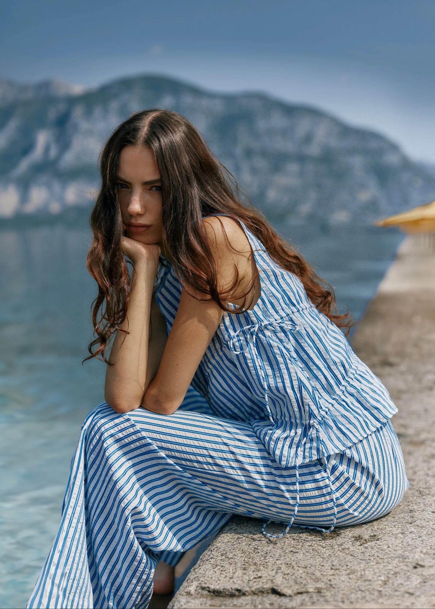 Aziza Gathered Tie Top - Blue/White Stripe