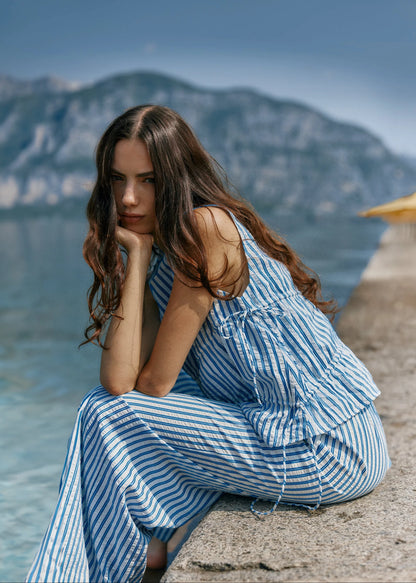 Aziza Gathered Tie Top - Blue/White Stripe