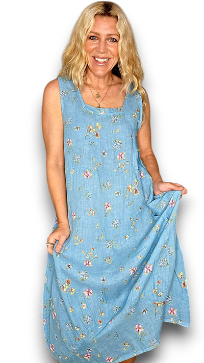 TURQUOISE WINDY BLOOM TANK DRESS