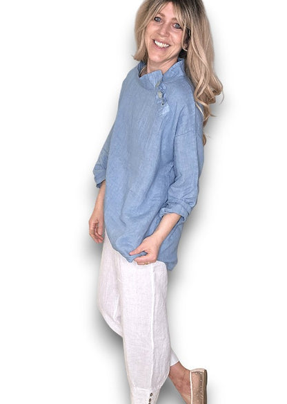 PETROL PEARL BUTTON MOKU LONG SLEEVE TOP