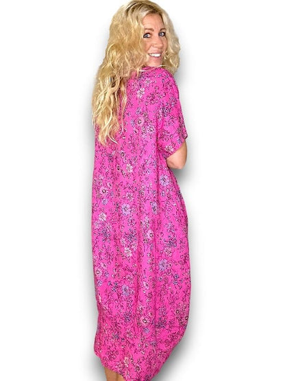 HOT PINK GRAPHIC BLOOM MID SLEEVE MAXI DRESS