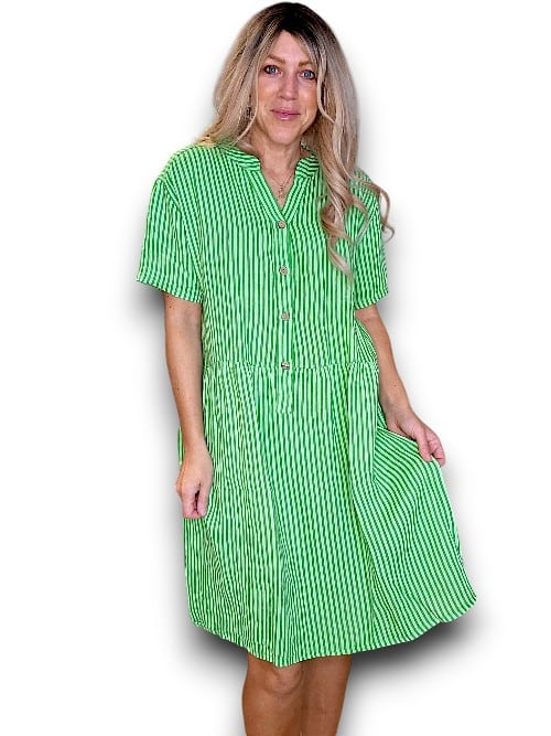 BRIGHT GREEN STRIPE MIDI COCONUT BUTTON DRESS