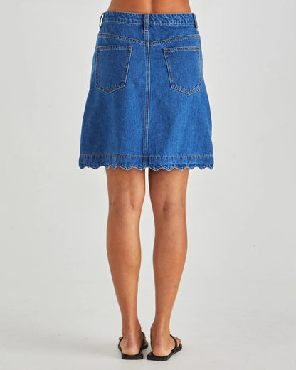 VALE SCALLOPED DENIM SKIRT - MID BLUE WASH