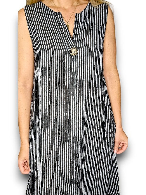 CHARCOAL STRIPE BRASS BUTTON TANK DRESS