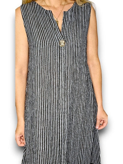 CHARCOAL STRIPE BRASS BUTTON TANK DRESS