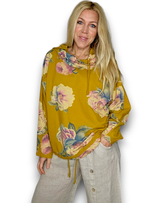 MUSTARD OMBRE PEONY COTTON HOODIE