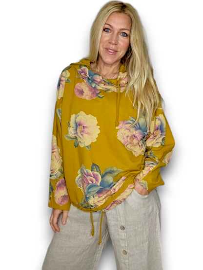 MUSTARD OMBRE PEONY COTTON HOODIE