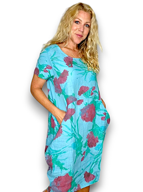 LIGHT TURQUOISE THISTLE IN RED JUNGLE DRESS