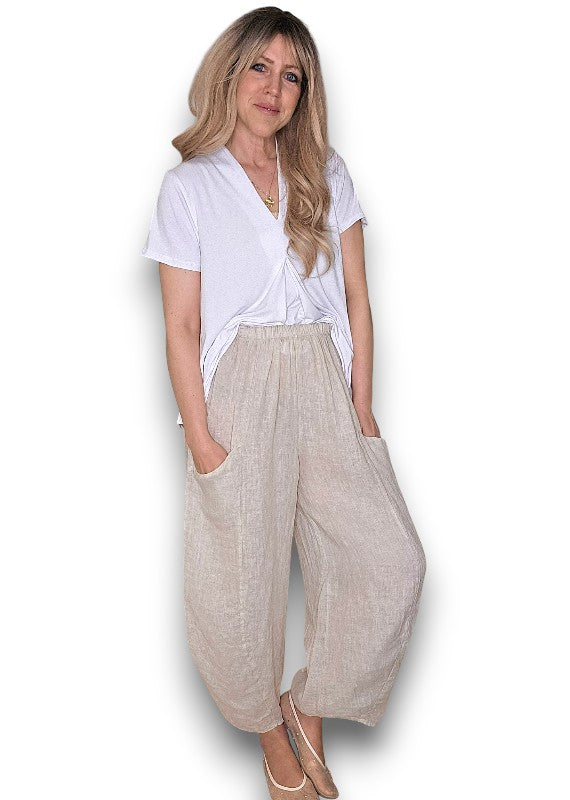BEIGE BARREL LINEN PANTS