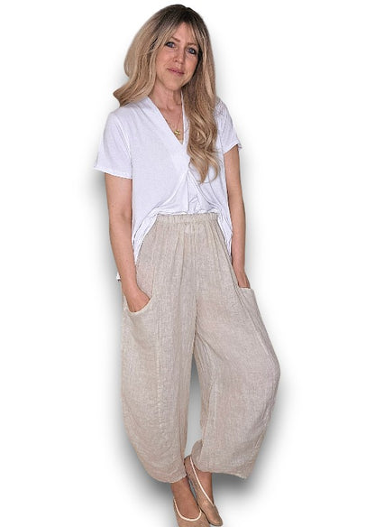 BEIGE BARREL LINEN PANTS