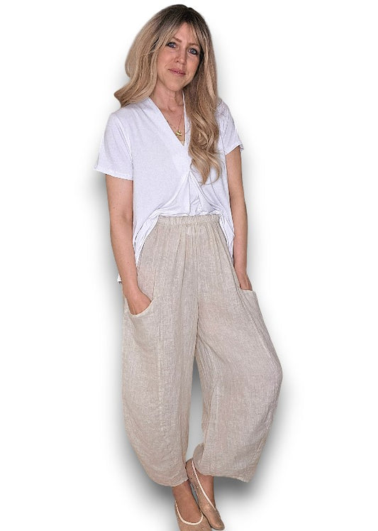BEIGE BARREL LINEN PANTS