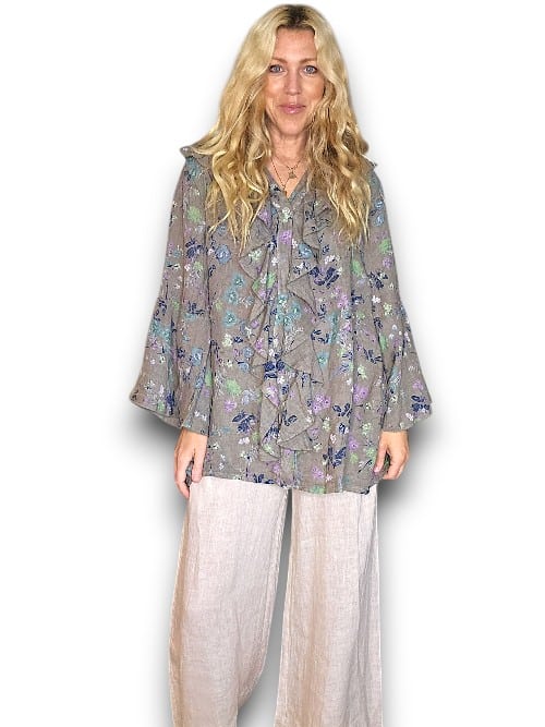 MOCHA WILD GARDEN MADRID LINEN FRILL TUNIC