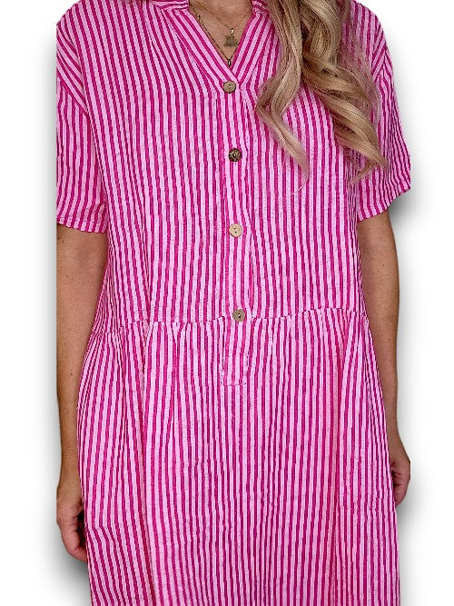 HOT PINK STRIPE MIDI COCONUT BUTTON DRESS