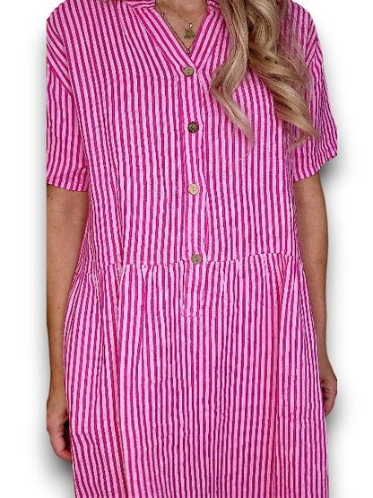 HOT PINK STRIPE MIDI COCONUT BUTTON DRESS