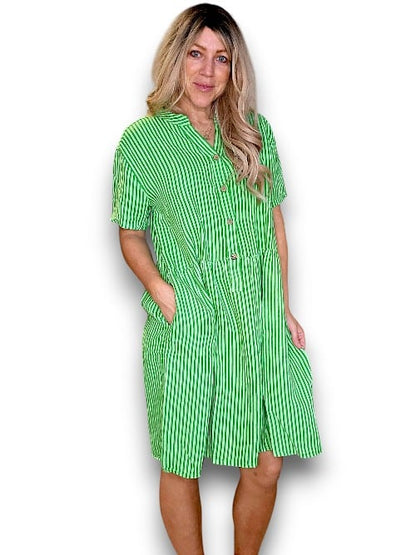 BRIGHT GREEN STRIPE MIDI COCONUT BUTTON DRESS