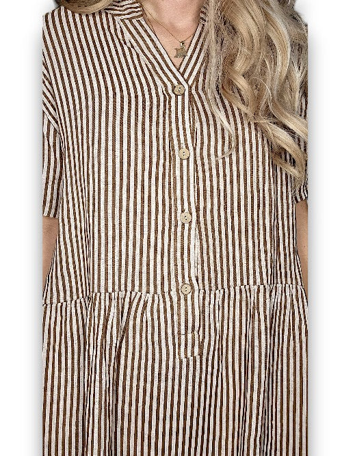 COFFEE STRIPE MIDI COCONUT BUTTON DRESS