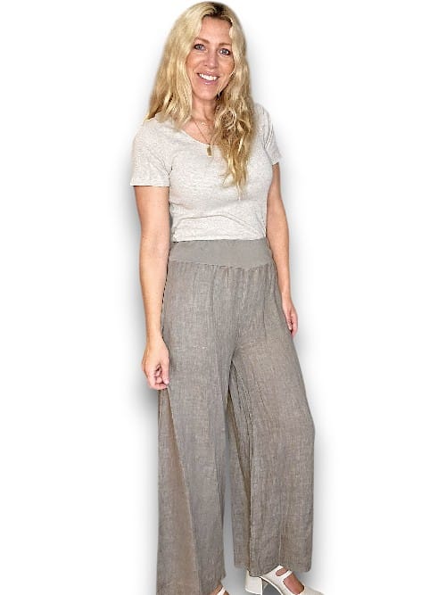 MOCHA WIDE ELASTIC WAIST LINEN PANT WITH PKTS