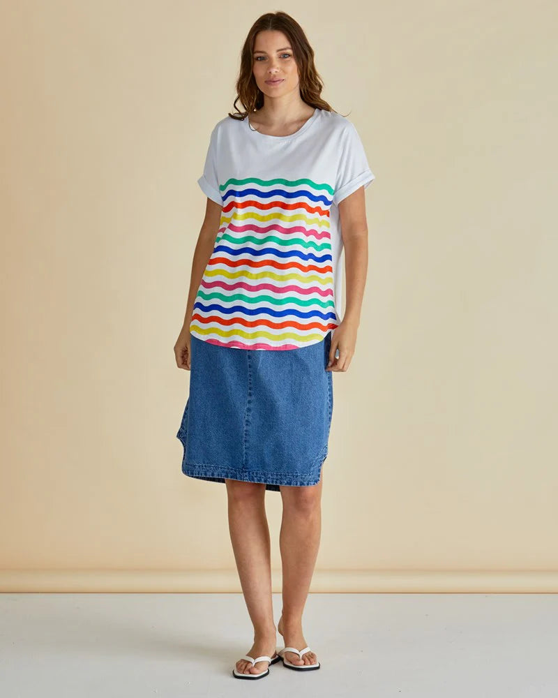 Hailey Short Sleeve Tee - Rainbow Wavy Stripe