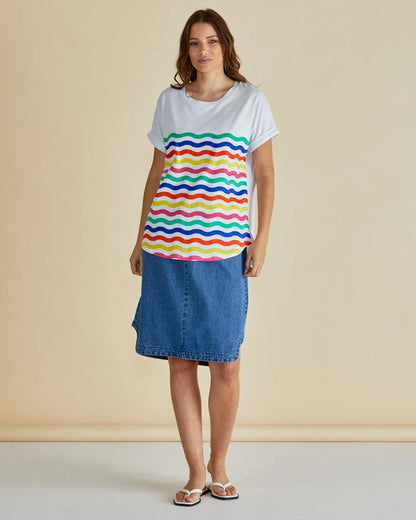 Hailey Short Sleeve Tee - Rainbow Wavy Stripe