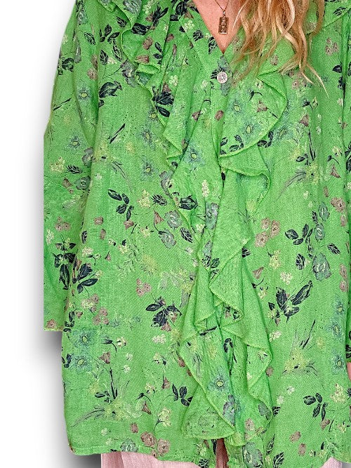 BRIGHT GREEN WILD GARDEN MADRID LINEN FRILL TUNIC