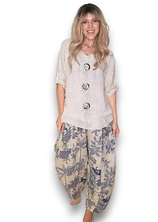 BEIGE FRENCH TOILLE BARREL LINEN PANTS