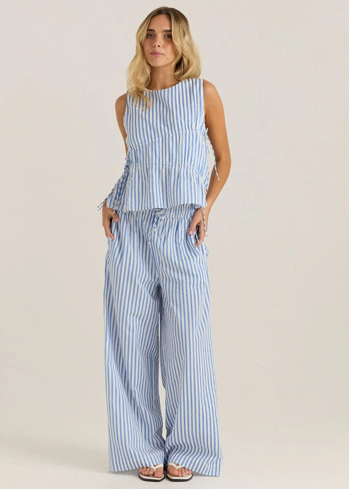 Aziza Gathered Tie Top - Blue/White Stripe