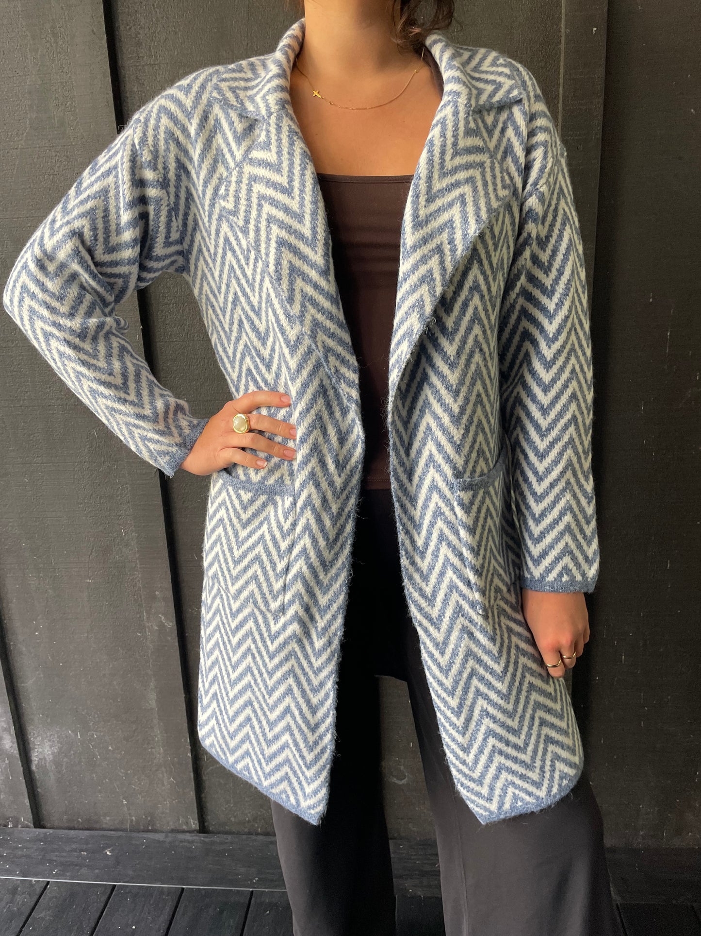 Long Knit Cardigan - Blue Zig Zag