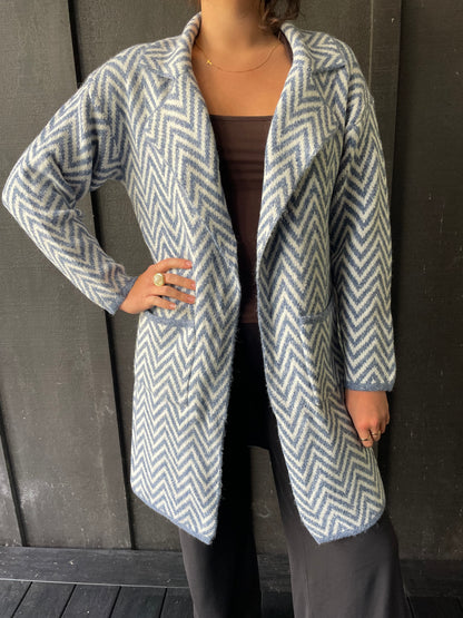 Long Knit Cardigan - Blue Zig Zag