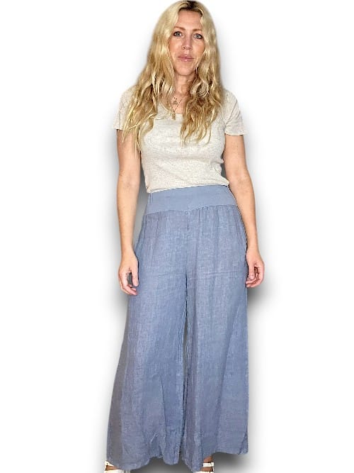 PETROL WIDE ELASTIC WAIST LINEN PANT WITH PKTS