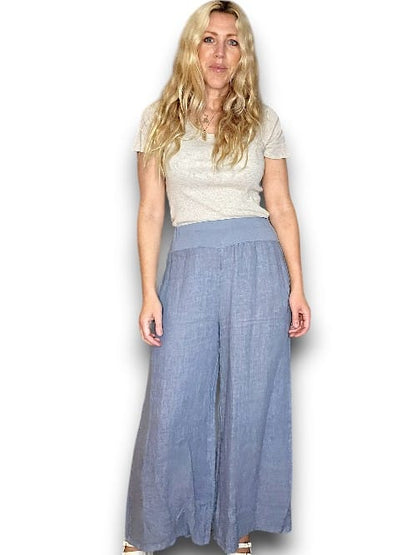 PETROL WIDE ELASTIC WAIST LINEN PANT WITH PKTS