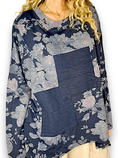 NAVY SCARLETT ROSE PATCHWORK COTTON SWEATER