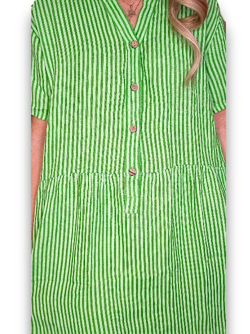 BRIGHT GREEN STRIPE MIDI COCONUT BUTTON DRESS