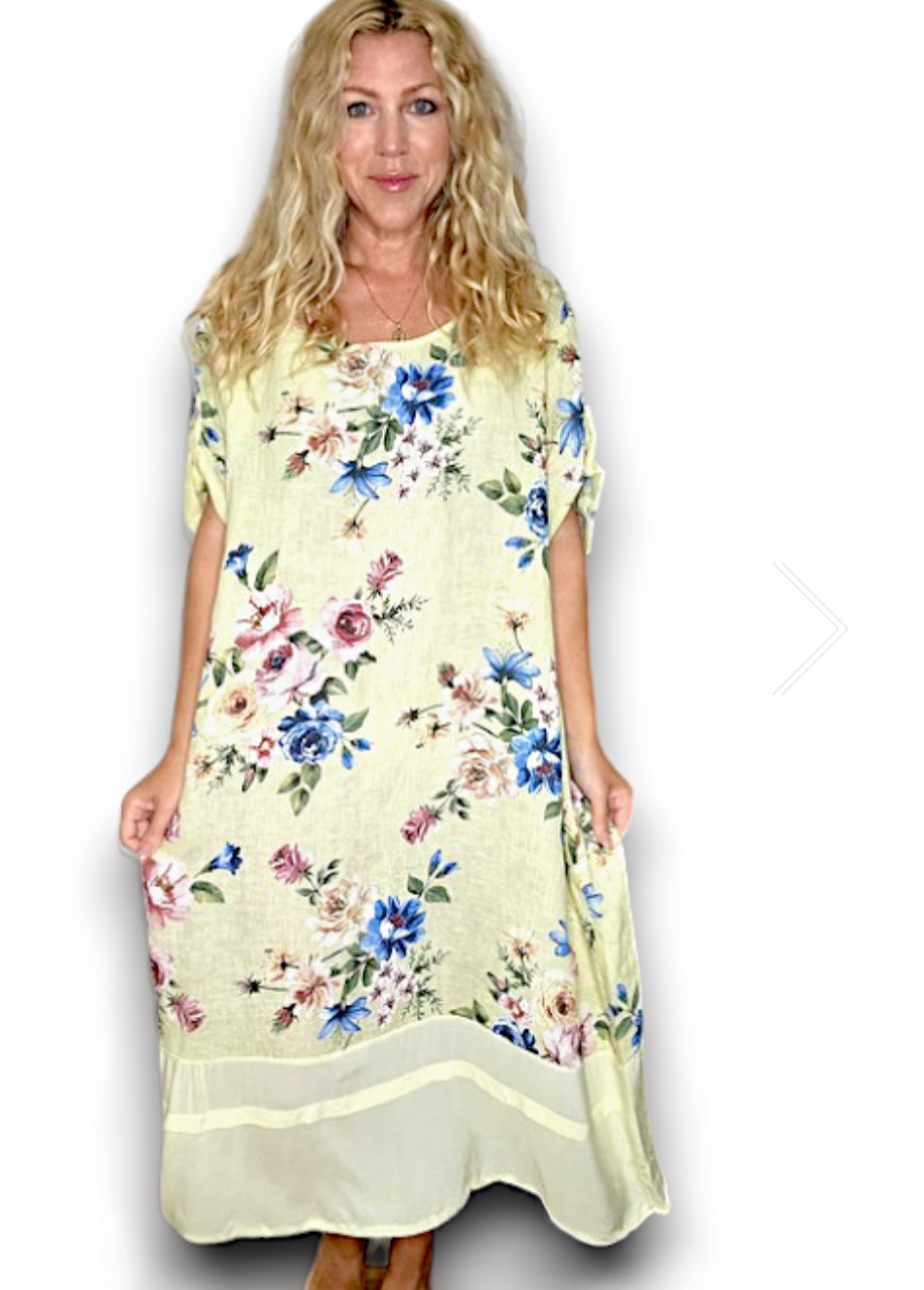 LIGHT LEMON BUNDLE FLORA BUTTON SLEEVE HEM DRESS