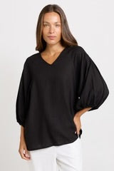 Bella Linen Blend Blouse - Black