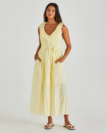 LILLA RUFFLED NECK DRESS - BUTTER YELLOW