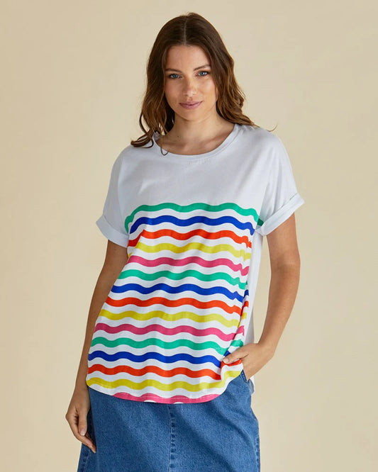 Hailey Short Sleeve Tee - Rainbow Wavy Stripe