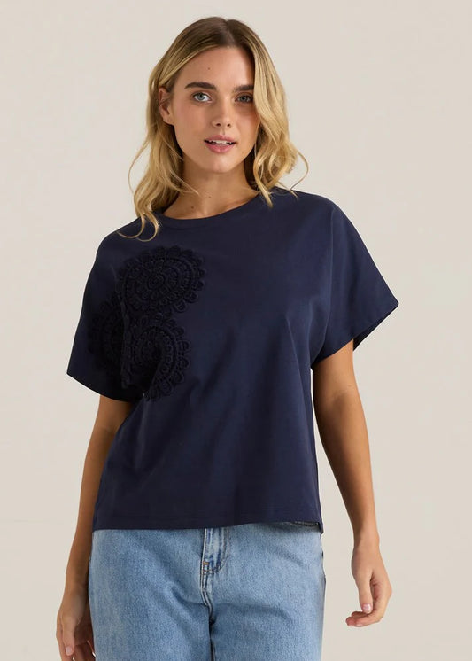 Mira Crochet Tee - Navy