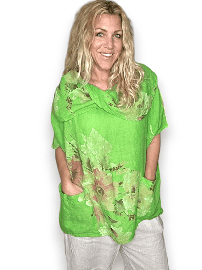 BRIGHT GREEN BIG BLOSSOM SPLIT COLLAR MOKU TOP