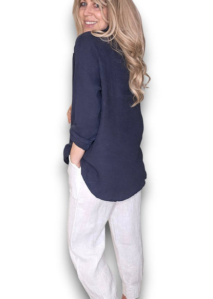 NAVY PEARL BUTTON MOKU LONG SLEEVE TOP