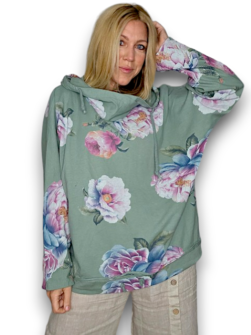 SAGE GREEN OMBRE PEONY COTTON HOODIE