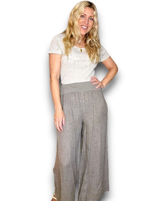 MOCHA WIDE ELASTIC WAIST LINEN PANT WITH PKTS