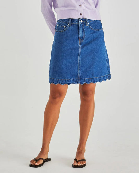 VALE SCALLOPED DENIM SKIRT - MID BLUE WASH