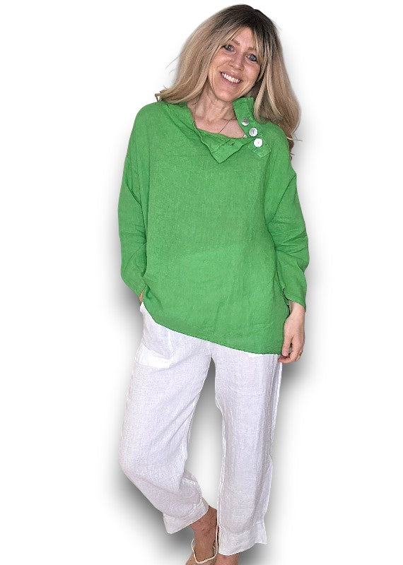 BRIGHT GREEN PEARL BUTTON MOKU LONG SLEEVE TOP