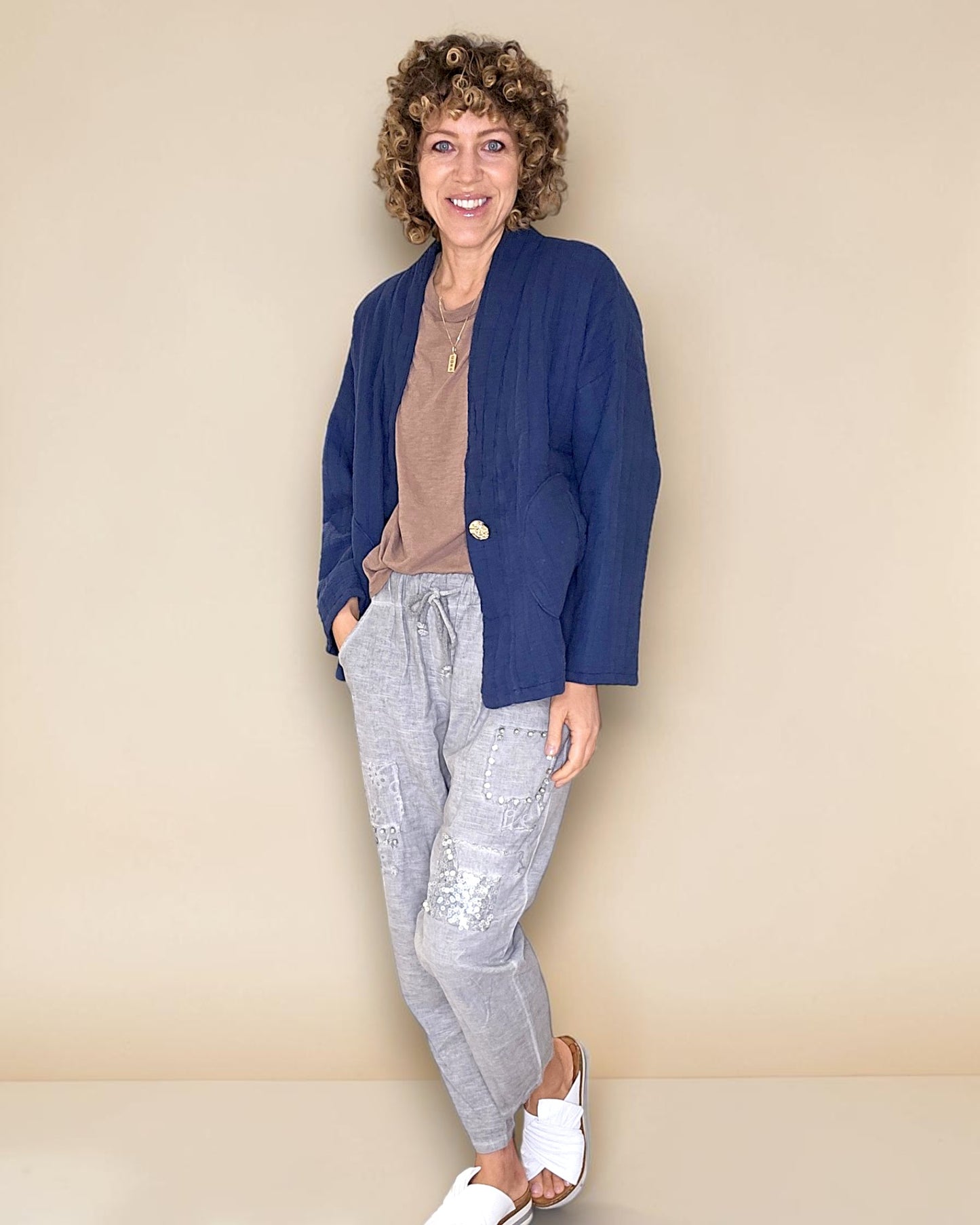 NAVY COTTON GAUZE KIMONO-GOLD BUTTON
